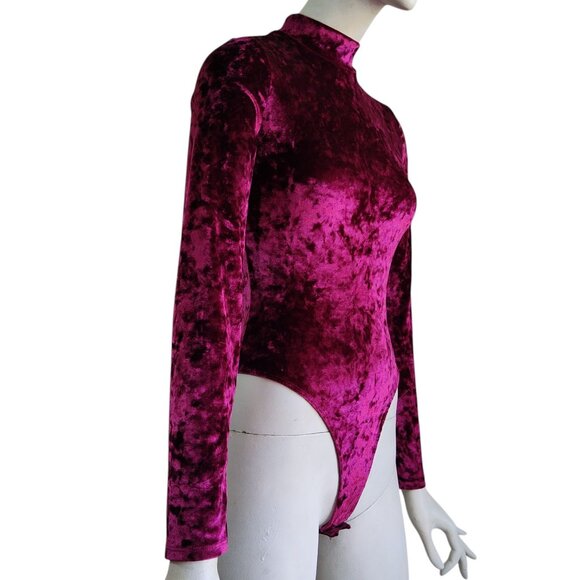 Bozzolo Glam Goth Crimson Crushed Velvet Mock Neck Stretch Bodysuit Sz S - Picture 3 of 6
